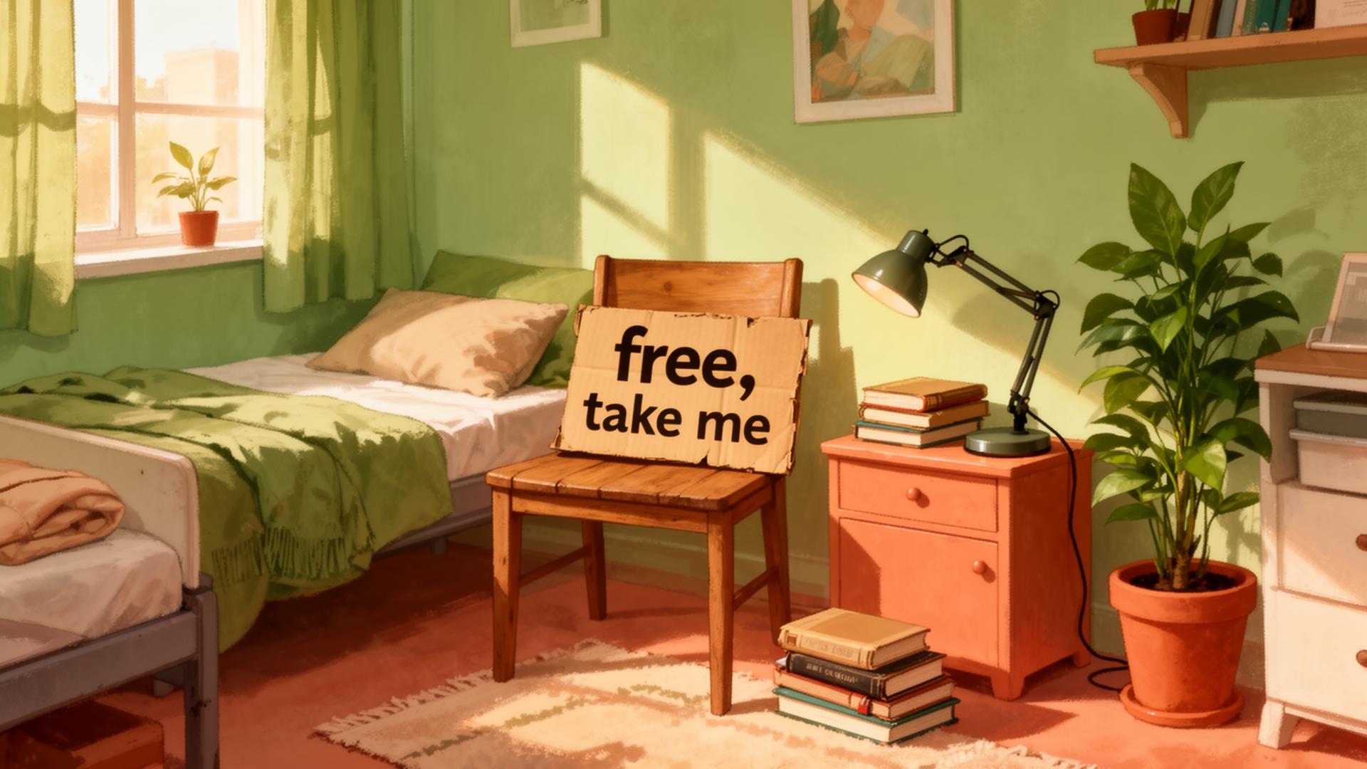 Cozy student room with a wooden chair labelled 'free, take me'